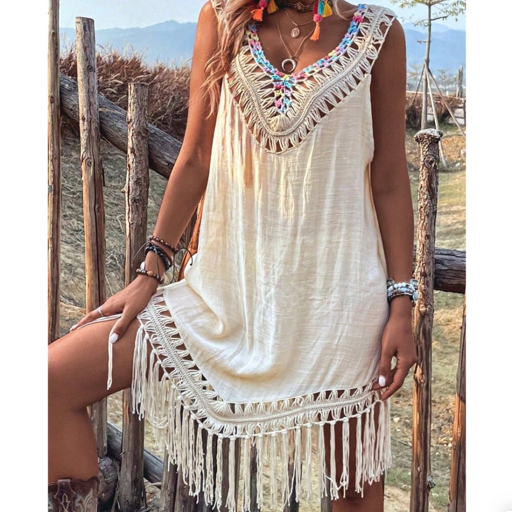 Boho Fringe Backless Swim Cover Up Resort Beach Crochet Style - Picture 6 of 7
